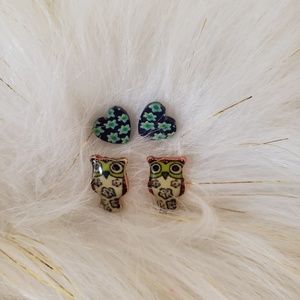 Heart and Owl Stud Earrings DOUBLE PAIR!